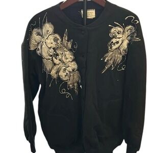 Vintage‎ Sweats Fashion Button up Sweater. Black with Silver Floral Accents. One